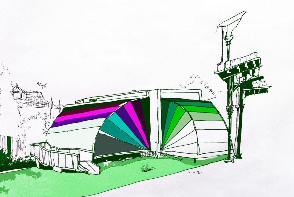 A drawing of Nebula, our Colourful, fully accessible portable arts space.