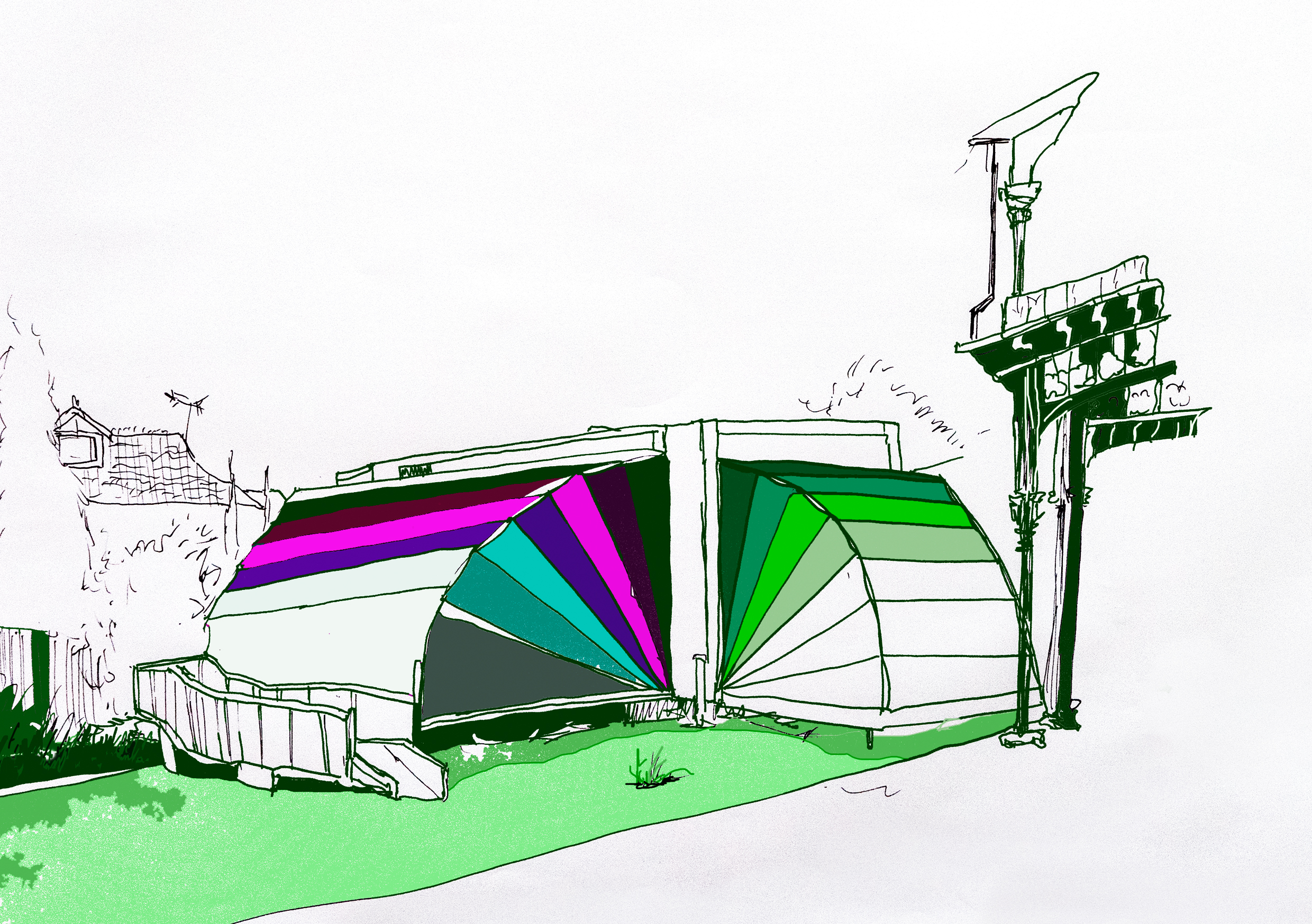 A drawing of Nebula, our Colourful, fully accessible portable arts space.