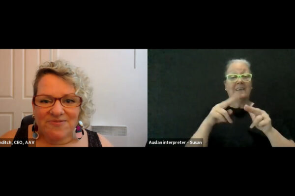 A screenshot of a Zoom video call with Caroline Bowditch, AAV's CEO, and the Auslan interpreter Susan.