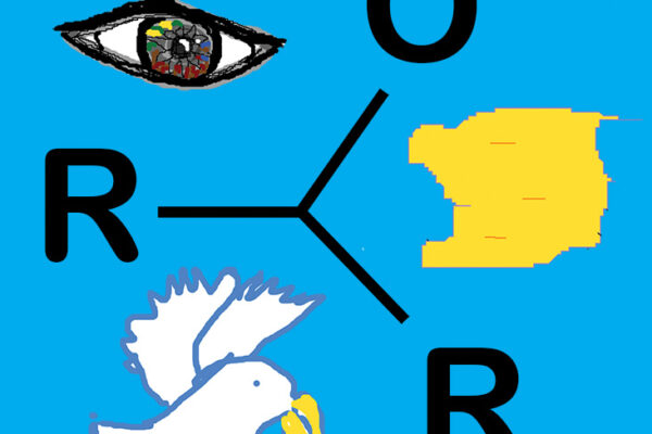 A digital drawing of a white bird, an eye a piece of land and the letters R, O and R on a blue background.