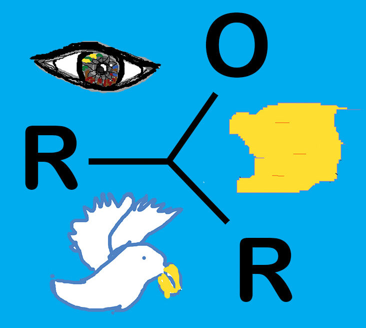 A digital drawing of a white bird, an eye a piece of land and the letters R, O and R on a blue background.