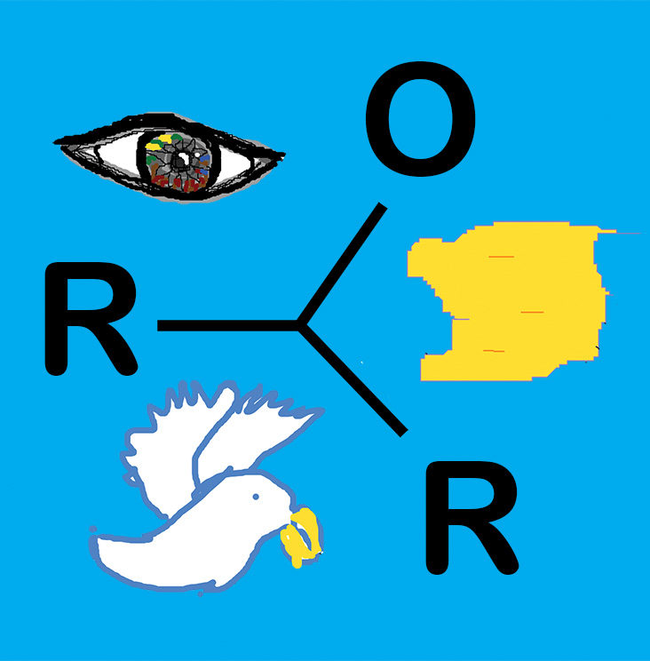 A digital drawing of a white bird, an eye a piece of land and the letters R, O and R on a blue background.
