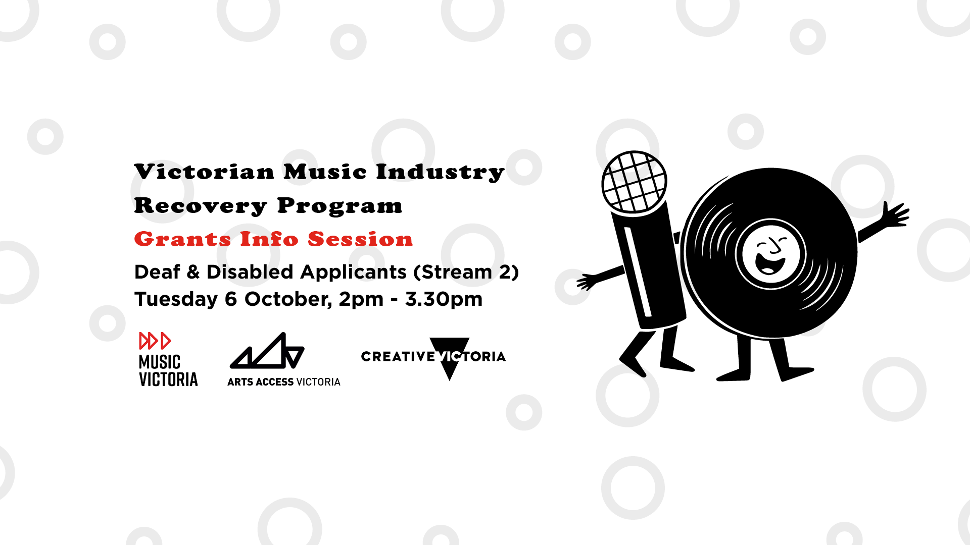 The details of the info session and the three logos for Creative Victoria, Music Victoria and Arts Access Victoria.