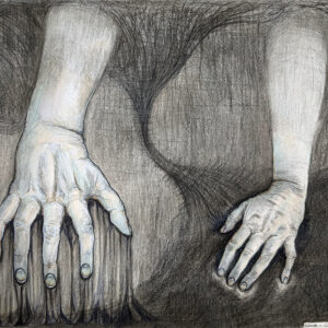 A drawing of two hands crawling.