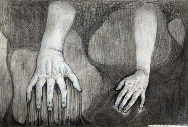 A drawing of two hands crawling.