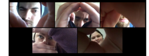 5 faces are looking through their hands.