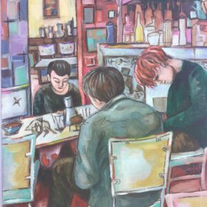 A painting of three people sitting around a table at a cafe.