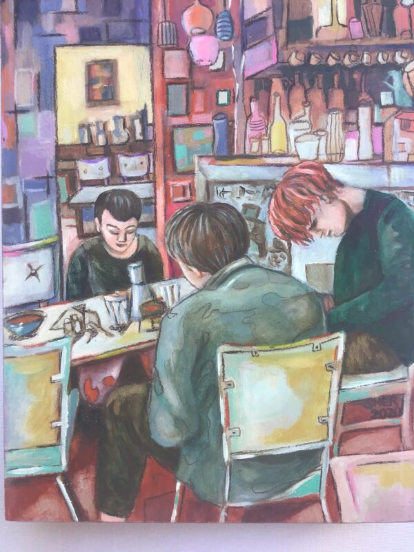 A painting of three people sitting around a table at a cafe.