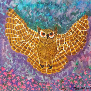 A drawing of an owl with its wings spread and a colourful background in tones of blue and purple.