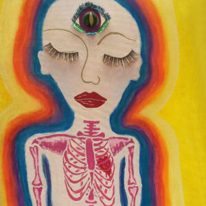 A drawing of a person with a third eye and skeleton visible through their skin in bright colours.