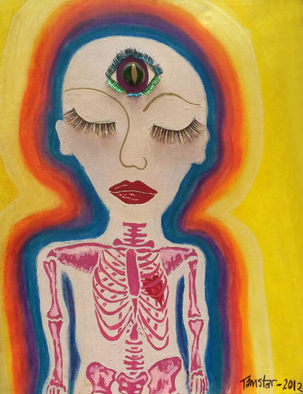 A drawing of a person with a third eye and skeleton visible through their skin in bright colours.