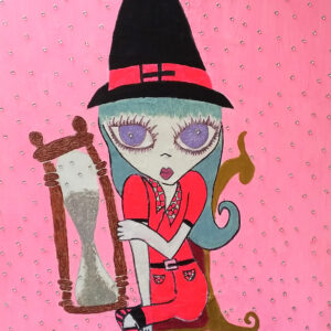A drawing of a witch with a sand clock sitting on a chair and on a pink background.