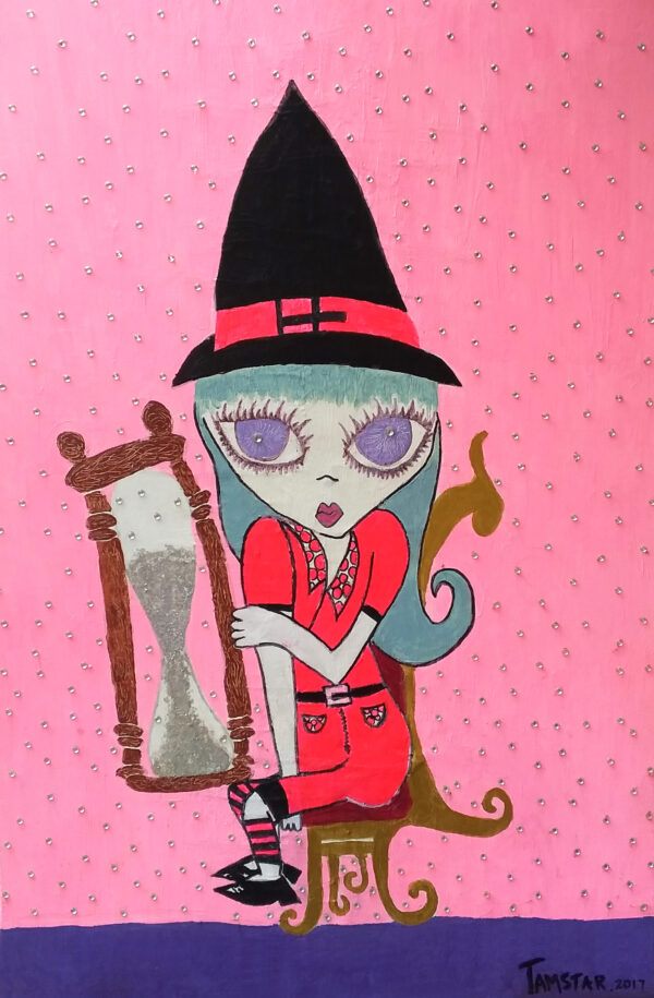 A drawing of a witch with a sand clock sitting on a chair and on a pink background.