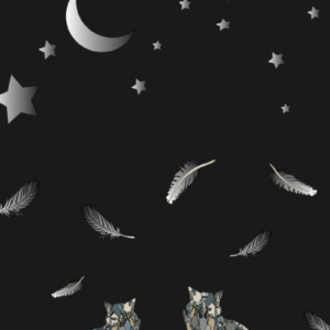 A digital drawing of two cats looking at the moon and stars.