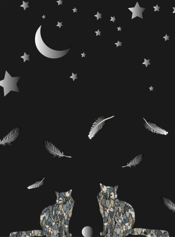 A digital drawing of two cats looking at the moon and stars.