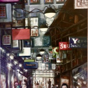 A painting of a busy street laneway.