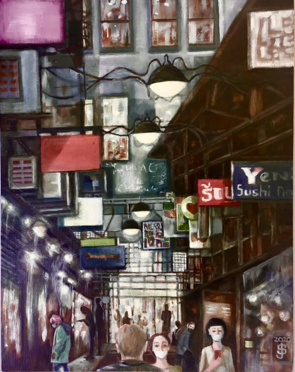 A painting of a busy street laneway.