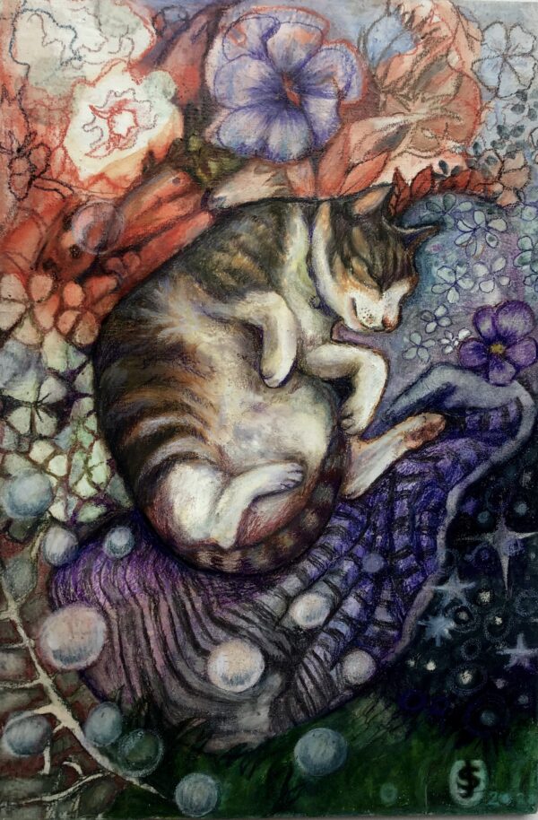 A painting of a cat snuggling on a bed.