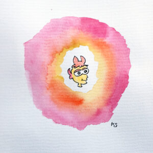 A watercolour drawing of a person's head around a colourful circles in tones of pink and yellow.