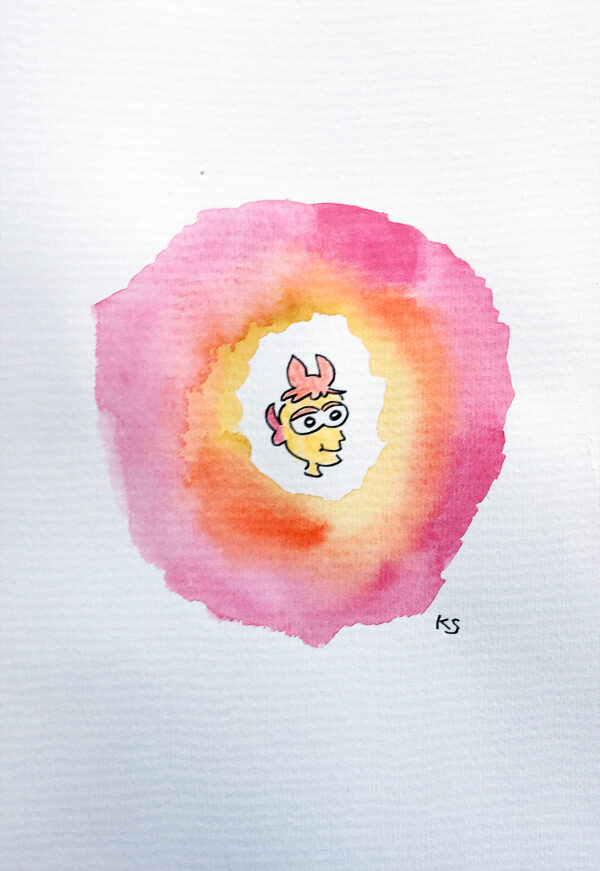 A watercolour drawing of a person's head around a colourful circles in tones of pink and yellow.