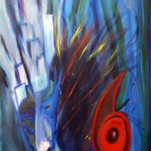 An abstract painting of a face in tones of blue, green red and yellow.