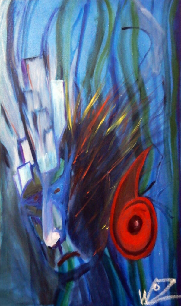 An abstract painting of a face in tones of blue, green red and yellow.