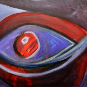An abstract painting of an eye in tones of red and blue.