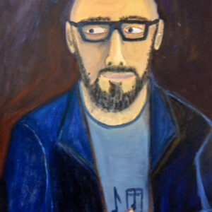 A painting of a person's portrait. The person is wearing glasses and a blue jacket.