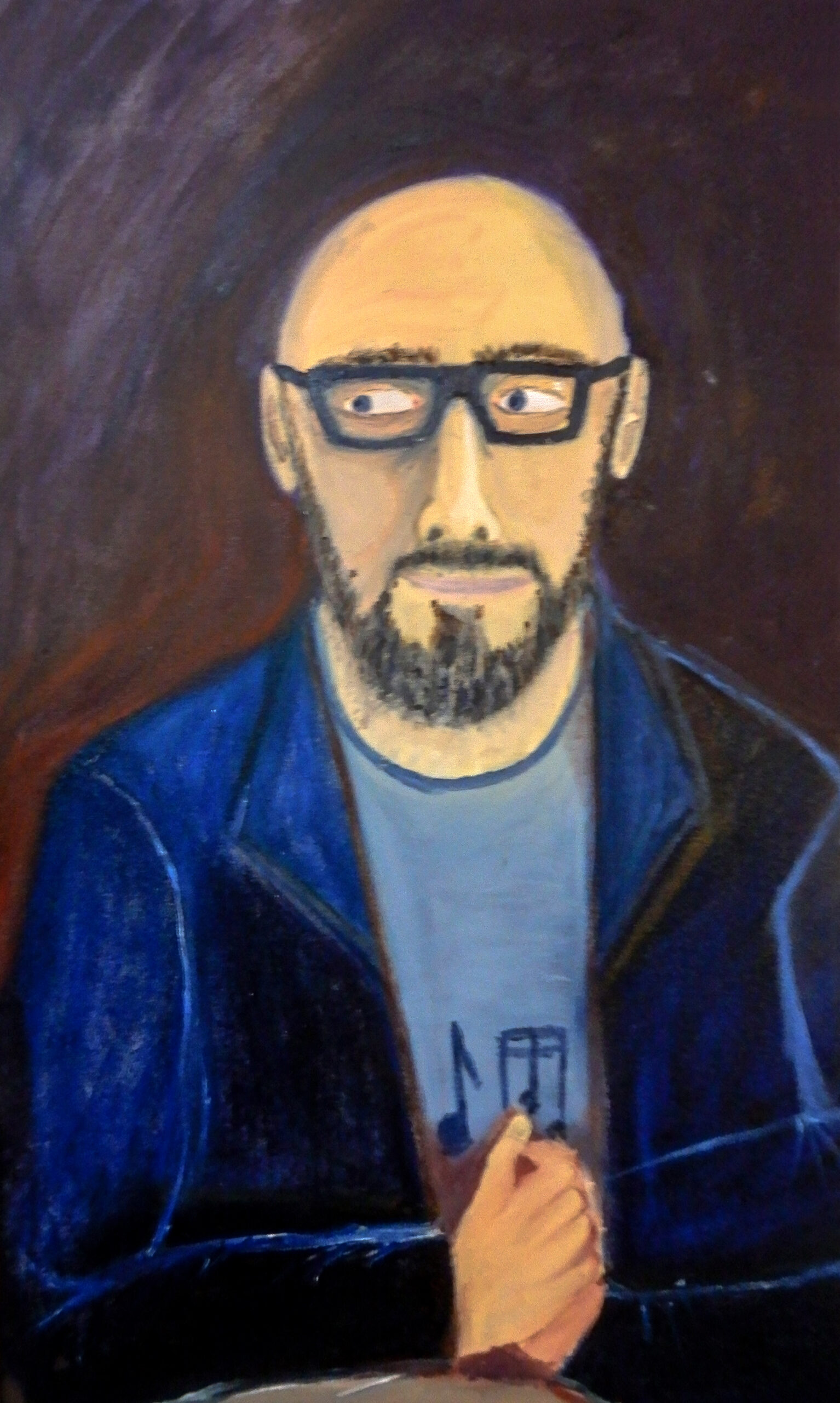 A painting of a person's portrait. The person is wearing glasses and a blue jacket.