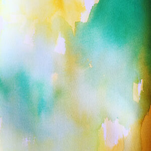 An abstract watercolour painting in tones of soft blue, green and yellow.