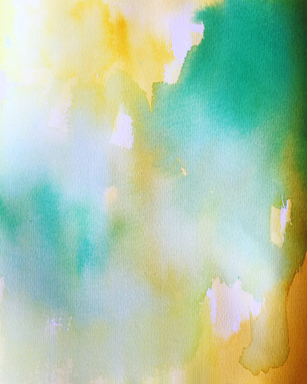 An abstract watercolour painting in tones of soft blue, green and yellow.