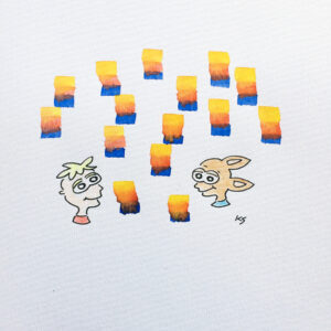 A drawing of two people's heads looking at each other with colourful squares around them.