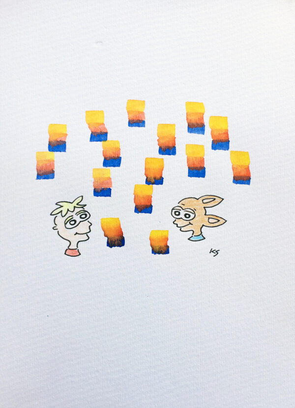 A drawing of two people's heads looking at each other with colourful squares around them.
