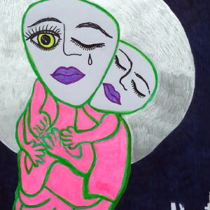 A drawing of two people in pink suits in front of a big full moon.