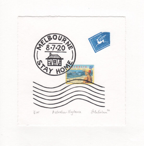 A letter envelope with stamps that say "Melbourne 8.7.20 Stay Home" and "Australia Live Saving 1894 - 1994".