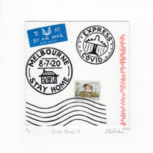 A letter envelope with stamps that say "Melbourne 8.7.20 Stay Home" and "Express Covid".