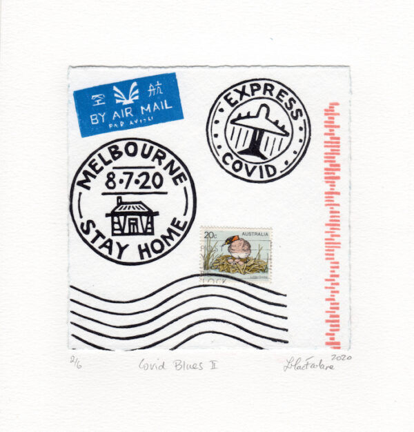 A letter envelope with stamps that say "Melbourne 8.7.20 Stay Home" and "Express Covid".