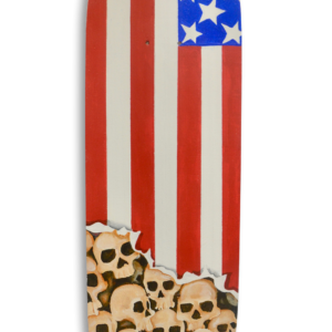 A skateboard with a portion of the USA flag painted on it and skulls under it.