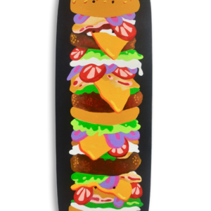 A skateboard with a pile of burgers painted on a black background.