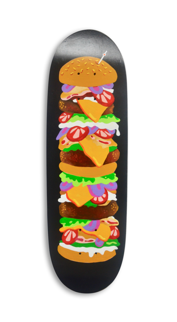 A skateboard with a pile of burgers painted on a black background.