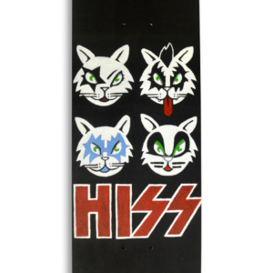A skateboard with four cat faces and the word "hiss" painted on a black background.