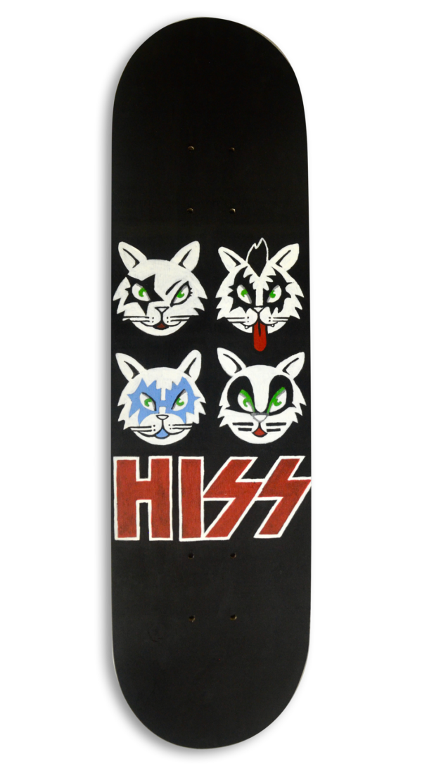 A skateboard with four cat faces and the word "hiss" painted on a black background.