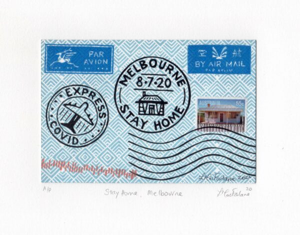 A letter envelope with a stamp that says Stay Home Melbourne.