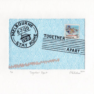 A letter envelope with stamps that say "Melbourne 8.7.20 Stay Home" and "Together Apart".