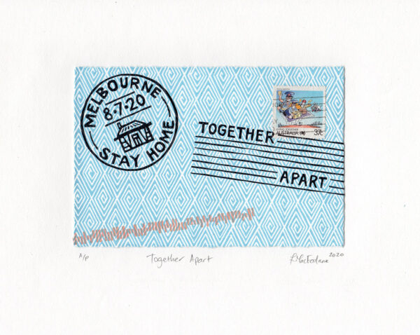 A letter envelope with stamps that say "Melbourne 8.7.20 Stay Home" and "Together Apart".