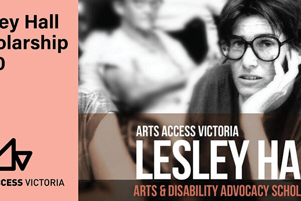 A photo of Lesley Hall and the Arts Access Victoria logo