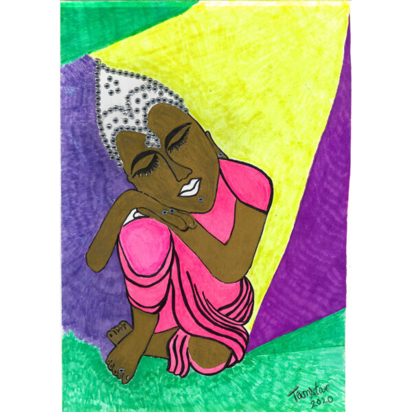 A Brown Woman is sitting down with her head resting on her knee