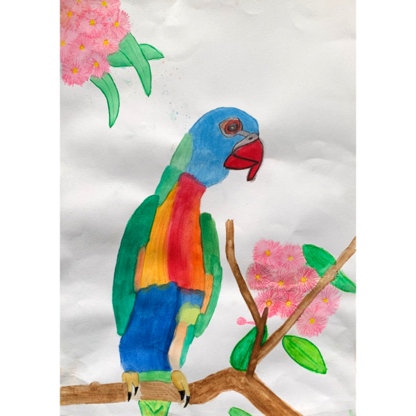 A rainbow lorikeet is sitting on a branch. watercolour.