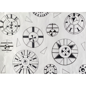 an abstract drawing made up of circles, wheels and triangles.