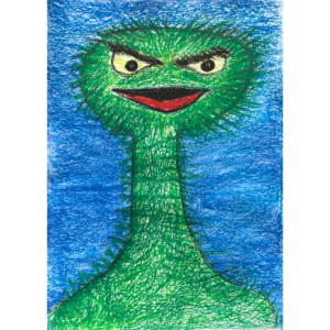 a long necked green monster with yellow eyes,